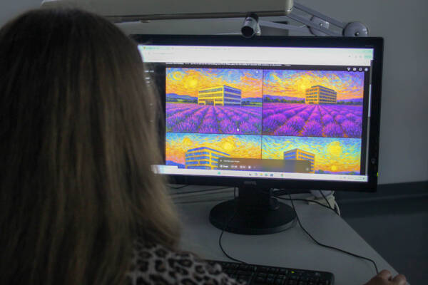 Ein Bild von einem Computerbildschirm, das über die Schulter einer Frau gemacht wurde. Der Computerbildschirm zeigt mehrere KI-generierte Bilder der FH St. Pölten in einem impressionistischen Stil und umgeben von Lavendelfeldern.